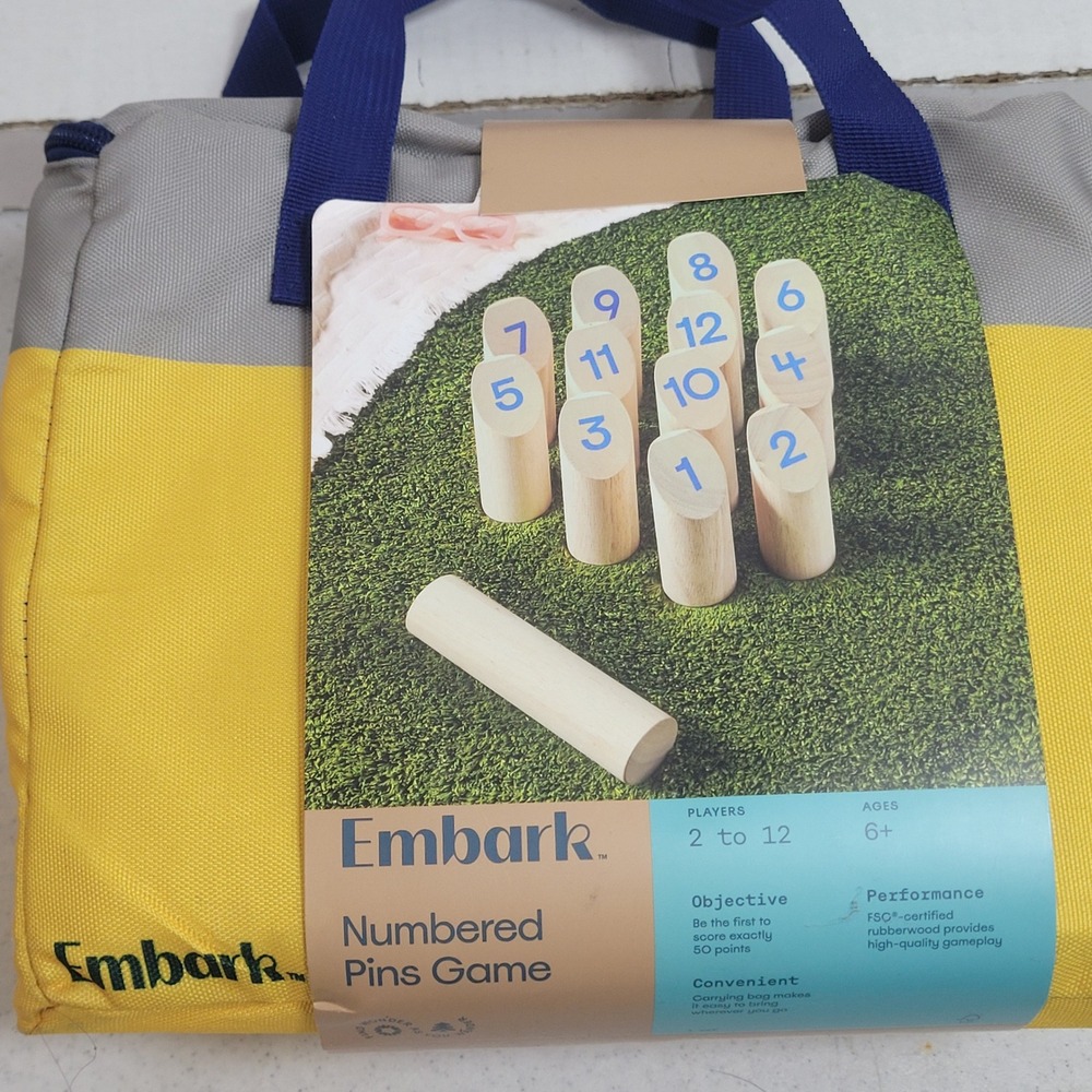 Embark Numbered Pins Game Outdoor Lawn Wood Skittles Set with Carrying Bag